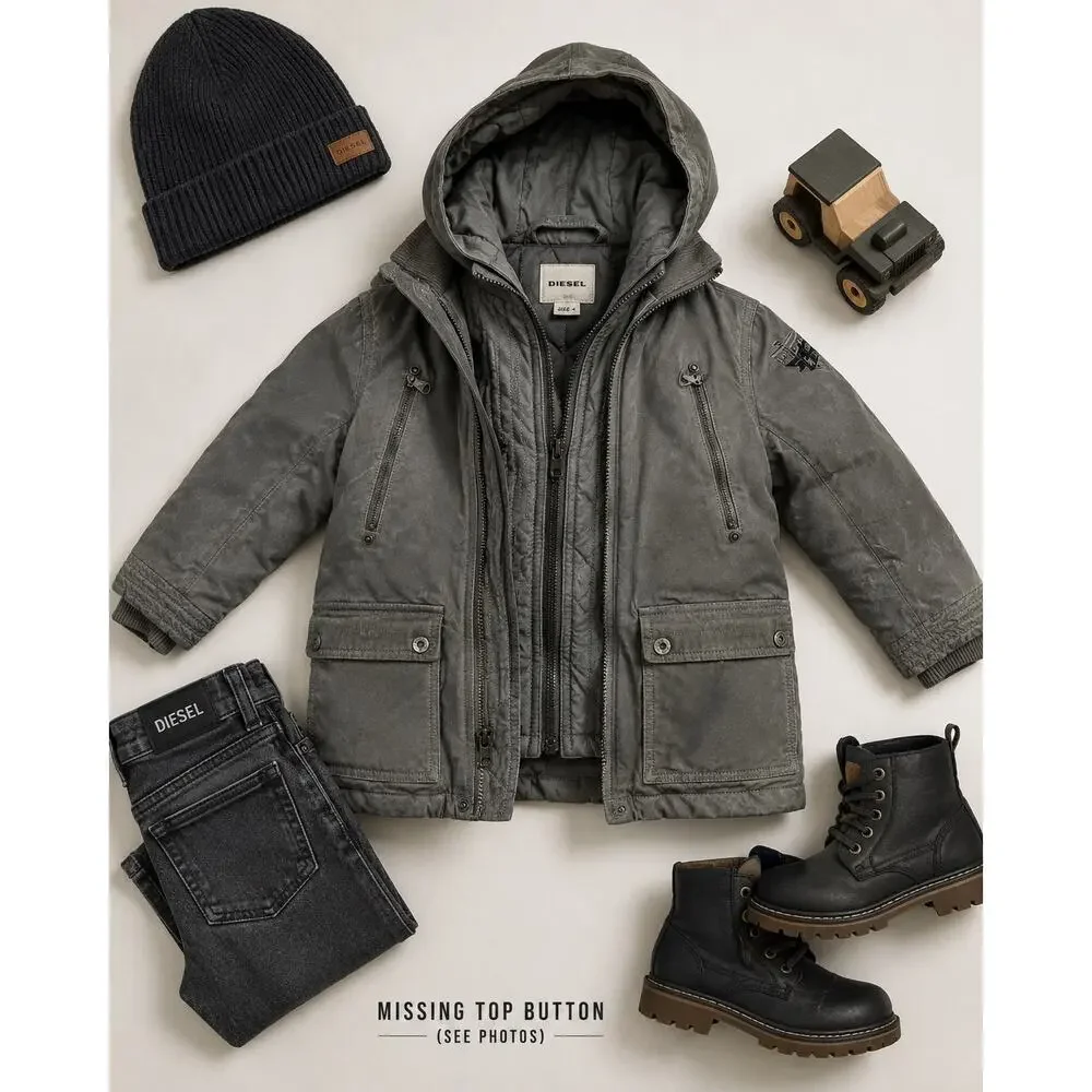 DIESEL Boys Utility Hooded Convertible Jacket Coat Gray Distressed Layered Moto